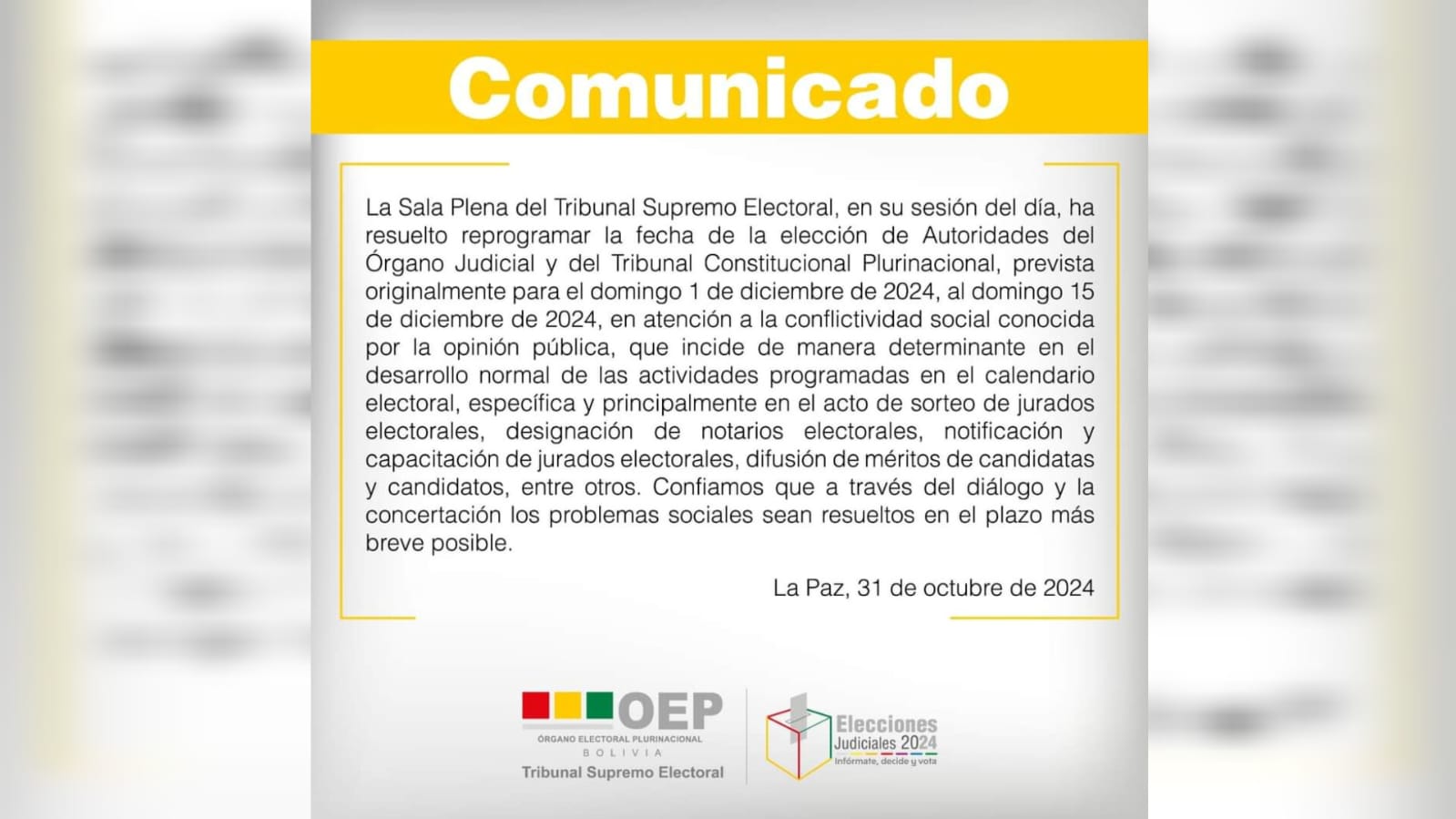 TSE reprograma las elecciones judiciales para el 15 de diciembre