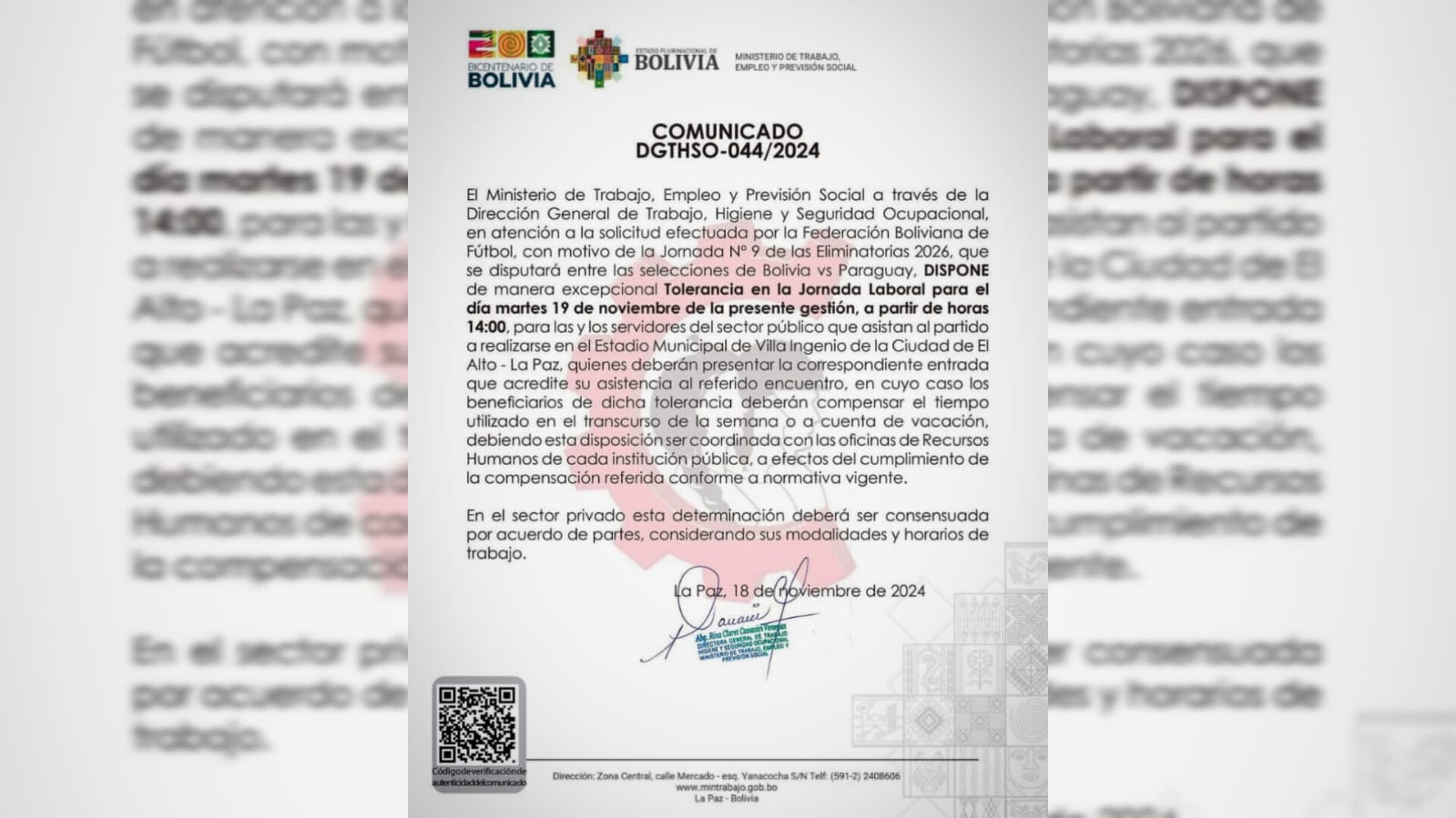 Tolerancia laboral por el partido Bolivia vs. Paraguay