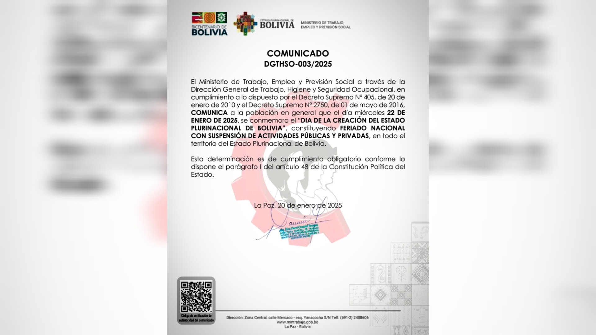 Feriado nacional este miércoles 22 de enero en toda Bolivia