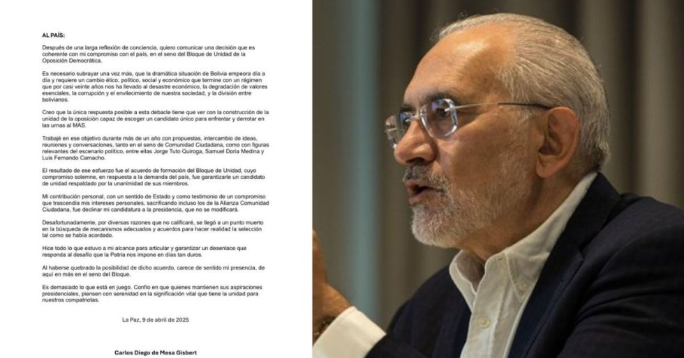 Carlos Mesa Gisbert anunció su decisión de dejar el Bloque de Unidad de la Oposición