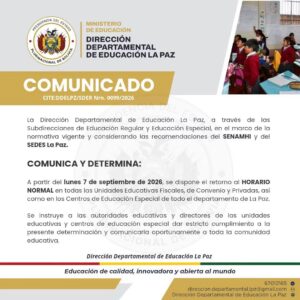 La Paz: unidades educativas retornan al horario normal desde este lunes