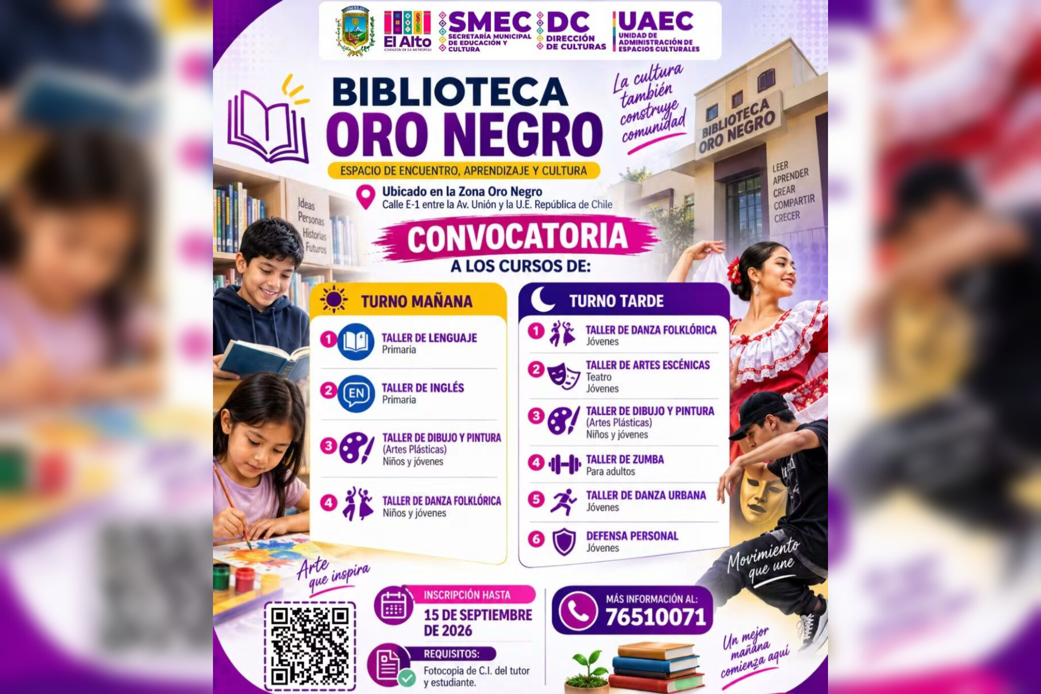 Biblioteca Oro Negro abre inscripciones para cursos y talleres culturales en El Alto